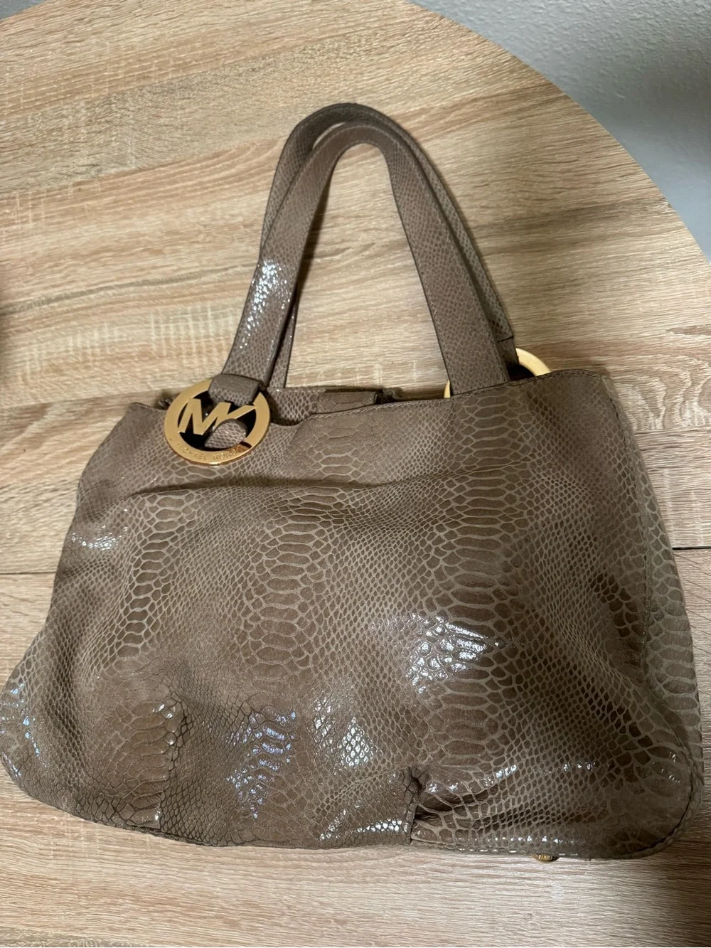 Michael Kors Shiny Taupe Snake-Embossed Shoulder Tote